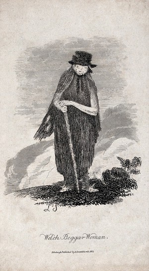 view An old woman in ragged clothes with a stick. Etching, 1817.