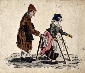 view A man with a stick selling song-sheets is accompanied by a woman moving with the aid of two crutches. Coloured etching by Lapbame, 1820.