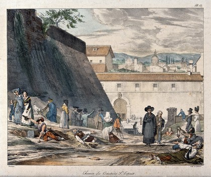 Disabled and paralysed people lying outside a wall of the cemetery Santo Spirito in Rome begging for alms from passers-by. Coloured lithograph by F. Villain after A.J.-B. Thomas, 1823.