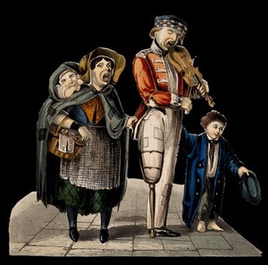 view A man with a wooden leg plays the violin while his wife and children accompany him with a song. Coloured lithograph.