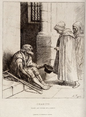 view An old man with two crutches is sitting on the steps of a church begging for alms from two women entering the church. Etching by A. Legros.