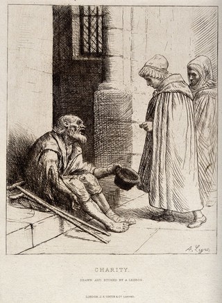 An old man with two crutches is sitting on the steps of a church begging for alms from two women entering the church. Etching by A. Legros.