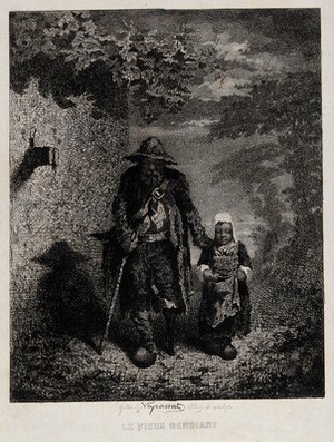 view An old man with a wooden leg and a stick is accompanied by a girl carrying a bowl in her right hand. Etching by Jules Jacques Veyrassat.