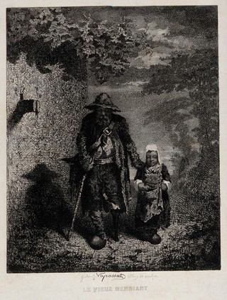 An old man with a wooden leg and a stick is accompanied by a girl carrying a bowl in her right hand. Etching by Jules Jacques Veyrassat.