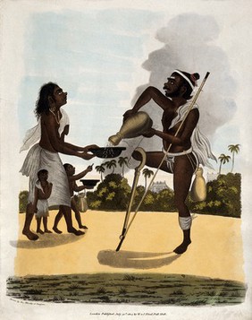 A man with a wooden leg pours water into the bowl of a begging woman with two children. Coloured aquatint, 1803, after a painter from Thanjavur.