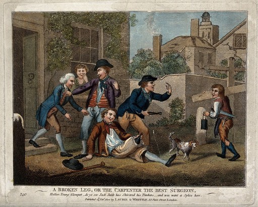 Three gentlemen attend to a man who slipped and broke his wooden leg by calling on a passing carpenter for help. Coloured line engraving with etching.