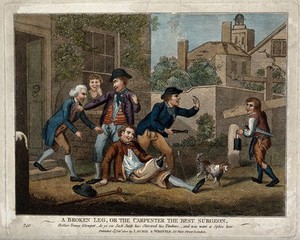 view Three men help a sailor of their acquaintance who has slipped and broken his wooden leg by calling on a passing carpenter for help. Coloured engraving with etching.