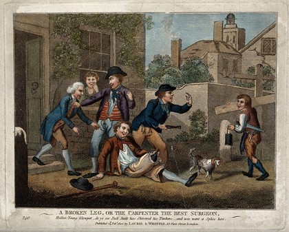 Three men help a sailor of their acquaintance who has slipped and broken his wooden leg by calling on a passing carpenter for help. Coloured engraving with etching.