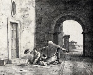 view A woman begging with three children, one of them a naked infant, under the arch of a town-wall. Lithograph.