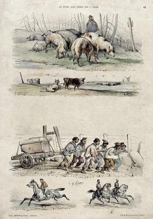 view Figures and vignettes: above, a swineherd tending pigs and a herd of cows, below, peasants hauling a carved stone on a pushcart and sportsmen and hussars riding horses. Coloured chalk lithograph by the Becquet brothers after V. J. Adam, 1853.