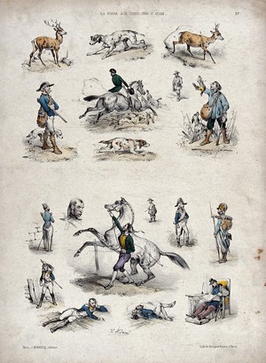 view Figures and vignettes: above, deer, hounds, huntsmen, poachers and mounted hunters, below, soldiers in various uniforms and poses with one soldier trying to restrain a baulking horse. Coloured chalk lithograph by the Becquet brothers after V. J. Adam.