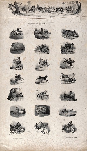 view The various pleasures of equitation illustrated in twenty-two sketches which all show horsemen being injured. Chalk lithograph by de Lemercier after V. J. Adam.