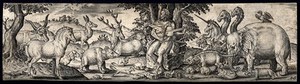 view Orpheus sitting on a stone holding a string instrument and charming the animals with music. Engraving by A. de Bruyn.