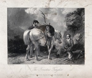 view The huntsman is sitting down for a rest next to his dog while the gamekeeper is packing the dead stag on his horse. Engraving by W. Backshell after A. Cooper.
