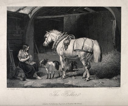 A girl sitting on an upturned tub in a barn with a horse and two goats nursing the little goat in her lap. Line engraving by J. H. Engleheart after A. Cooper.