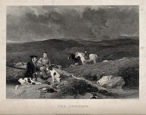 view Two huntsmen and their dogs having a rest amidst their prey near a stream in the countryside. Engraving by H. C. Shenton after A. Cooper.