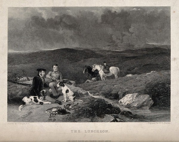 Two huntsmen and their dogs having a rest amidst their prey near a stream in the countryside. Engraving by H. C. Shenton after A. Cooper.