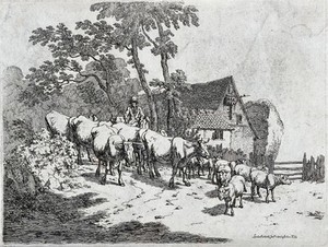 view A mounted cowherd is driving a herd of cows and a flock of cattle along a path into an enclosure. Etching.