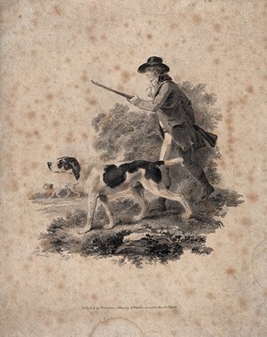 view A huntsman stalking prey with his two dogs holding his rifle under his right arm. Etching by J. Tookey after J. C. Ibbetson.