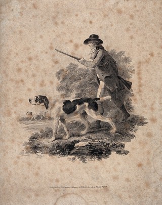 A huntsman stalking prey with his two dogs holding his rifle under his right arm. Etching by J. Tookey after J. C. Ibbetson.