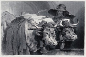 view A woman in a large straw hat is tending two decorated oxen with bells in a yoke, which are drinking from the tank. Steel engraving by C. Cousen after E. H. Landseer.