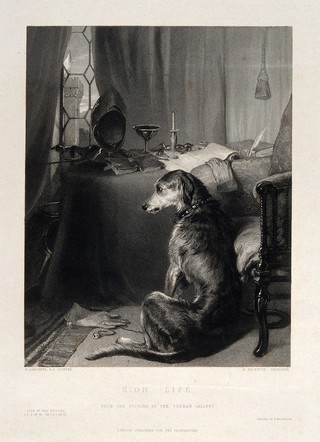 A deerhound sitting in front of its owner's writing desk. Steel engraving by H. Beckwith after a painting by E. H. Landseer.