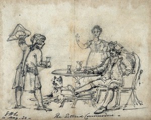 view A naval officer and his female companion are greeted by a captain who raises his glass and lifts his hat for them. Pencil drawing by E. H. Landseer.