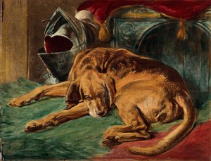 view A dead bloodhound lying on a rug next to a helmet and a loom. Coloured lithograph after E. H. Landseer.