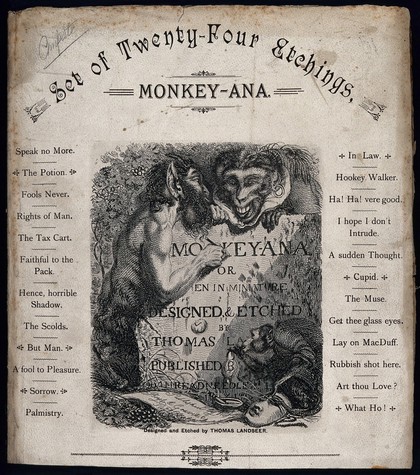 A monkey in human dress is leaning on a stone which a satyr is engraving into. Etching by T. Landseer, 1827.