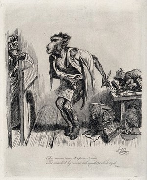 view A monkey poet, in arrears with his rent, is embarrassed when his landlady opens the door to present him with bills. Etching by T. Landseer, 1828.