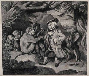 view A monkey in elegant costume is addressing a group of wild monkeys under a tree. Engraving after E. H. Landseer.