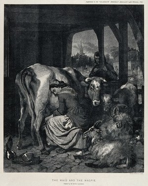 view A maid is milking a cow surrounded by goats and a calf while a man watches the scene and a magpie is playing with the cow's bell. Lithograph after a painting by E. H. Landseer.