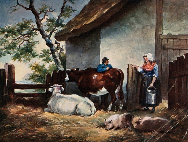 A milkmaid entering a pen in which a cowherd is leaning on one of the cows. Chromolithograph after G. Morland.