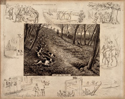 A hunting scene in which a pack of dogs followed by mounted huntsmen is chasing a fox into its burrow, is surrounded by seven vignettes. Etching by F. Paton.