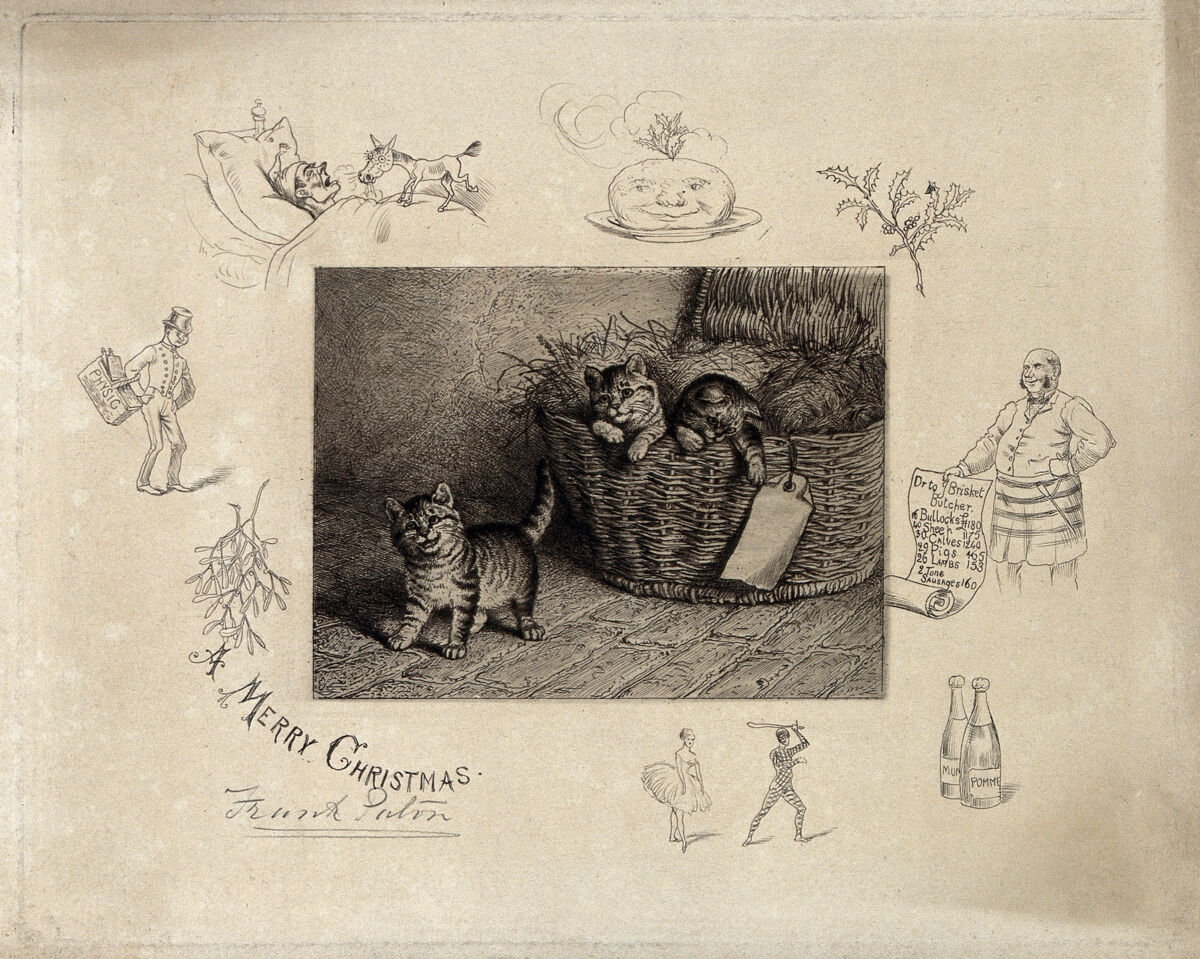 Three kittens are climbing out of a straw-filled hamper; vignettes show christmas paraphernalia, e.g. mistletoe. Etching by F. Paton., by Frank Paton