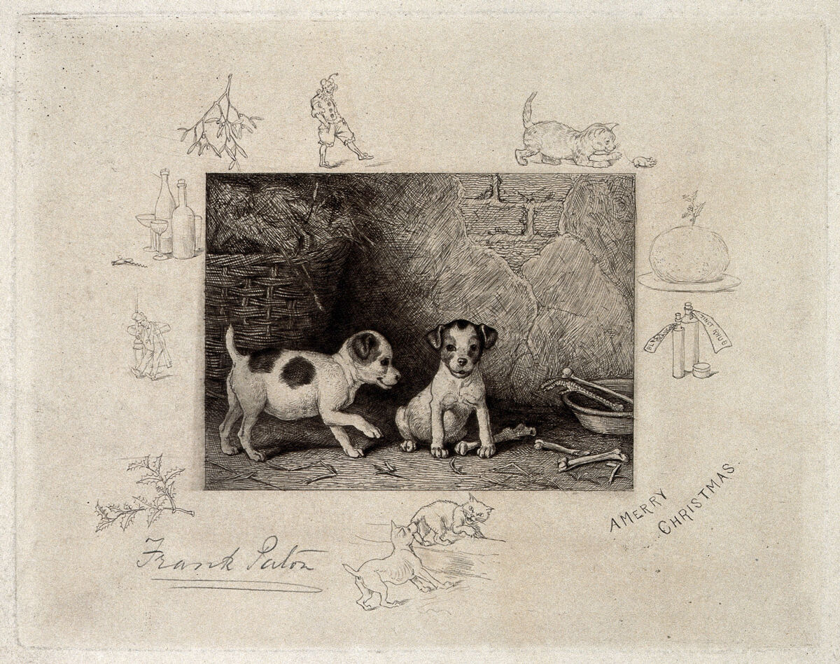 Two puppies are playing next to their bowl; vignettes show christmas paraphernalia, e.g. mistletoe. Etching by F. Paton., by Frank Paton