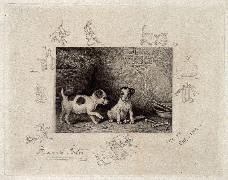 Two puppies are playing next to their bowl; vignettes show christmas paraphernalia, e.g. mistletoe. Etching by F. Paton., by Frank Paton
