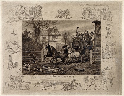 Horses pulling a stagecoach carrying a hunting party are shying at the sight of a pack of hounds chasing a fox; twelve vignettes show sporting and military events, such as duels and jousting. Etching by F. Paton.