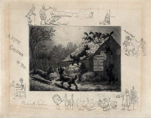 view A scene showing a group of cats seeking refuge from dogs on the roof of a barn, is surrounded by vignettes with humourous subjects. Etching by F. Paton.