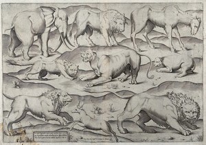 view A variety of animals, including lions, stags, elephants and mythical creatures roaming a rocky landscape. Engraving.