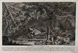 view A fox-trap in the forest: a dead fox in a trap which kills by releasing weights on to the victim. Etching by M.E. Ridinger after J.E. Ridinger.