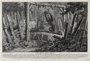 view A honey-trap for a bear in the forest. Etching by J.E. Ridinger.