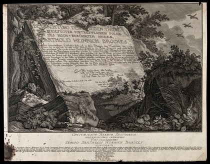 An inscribed stoneplate embedded in the ground in a forest surrounded by animals and plants. Etching by J.E. Ridinger.