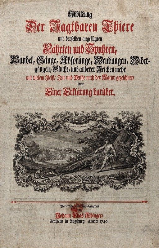 A frontispiece showing a hunter following his leashed dog out of the forest on to a clearing with a stag in the background. Etching by J.E. Ridinger.