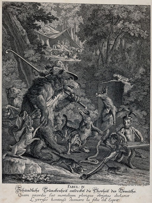 A riotous gang of drunken animals is led by a bear with a feathery hat and a walking stick. Etching by J. E. Ridinger.