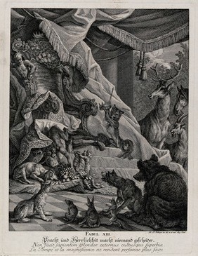 A monkey is surrounded by wild animals in a luxurious environment and presented with crown and scepter by a fox when he shins down his throne to grab some grapes. Etching by J. E. Ridinger.