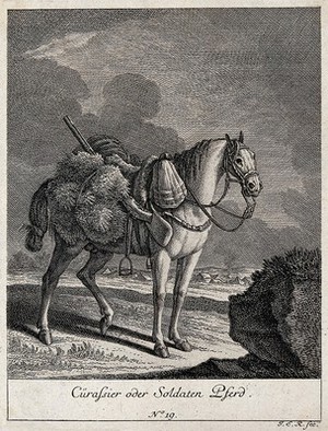 view A soldier-horse with a shotgun attached to the saddle cloth standing in a field with a camp site in the background. Etching by J. E. Ridinger.