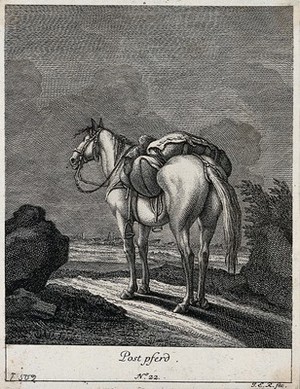 view Post-horse with baggage standing on a rocky path with a village in the background. Etching by J. E. Ridinger.