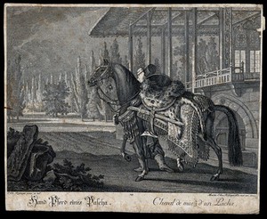 view A man in a fez is leading a richly decorated horse past an ornamental balcony towards a landscaped garden. Etching by M. E. Ridinger after J. E. Ridinger.