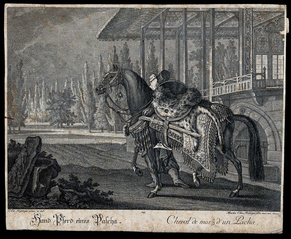 A man in a fez is leading a richly decorated horse past an ornamental balcony towards a landscaped garden. Etching by M. E. Ridinger after J. E. Ridinger.